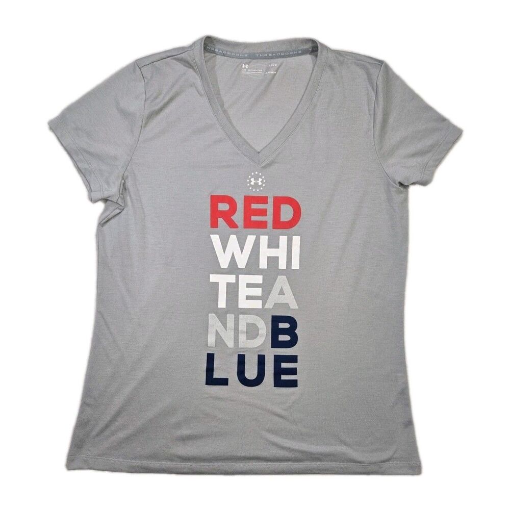 Womens Under Armour Short Sleeve V Neck T Shirt Gray Large Red White Blue